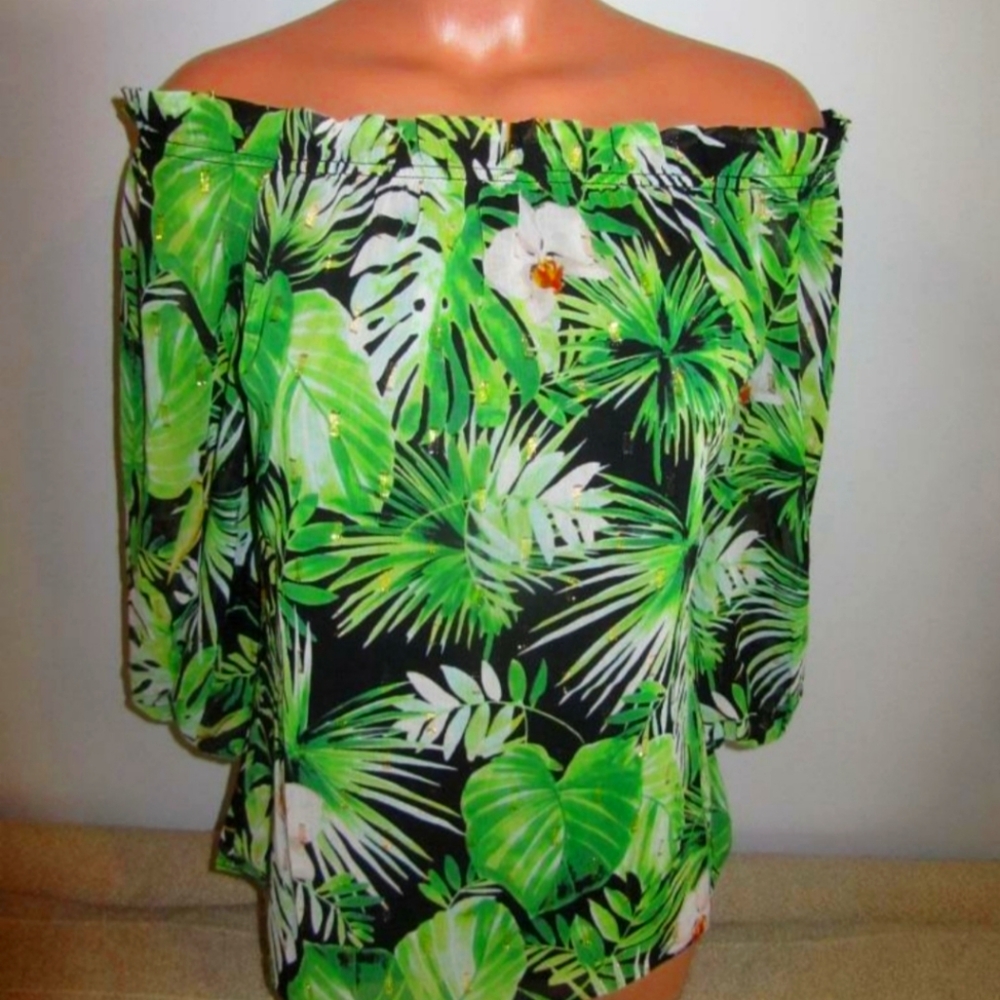 Off the Should 3/4 sleeve Top, WHBM, Emerald Palm Amazon, sz Med